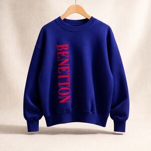 BENETTON Sweatshirt Cotton Knit Crewneck Logo Graphic Pullover